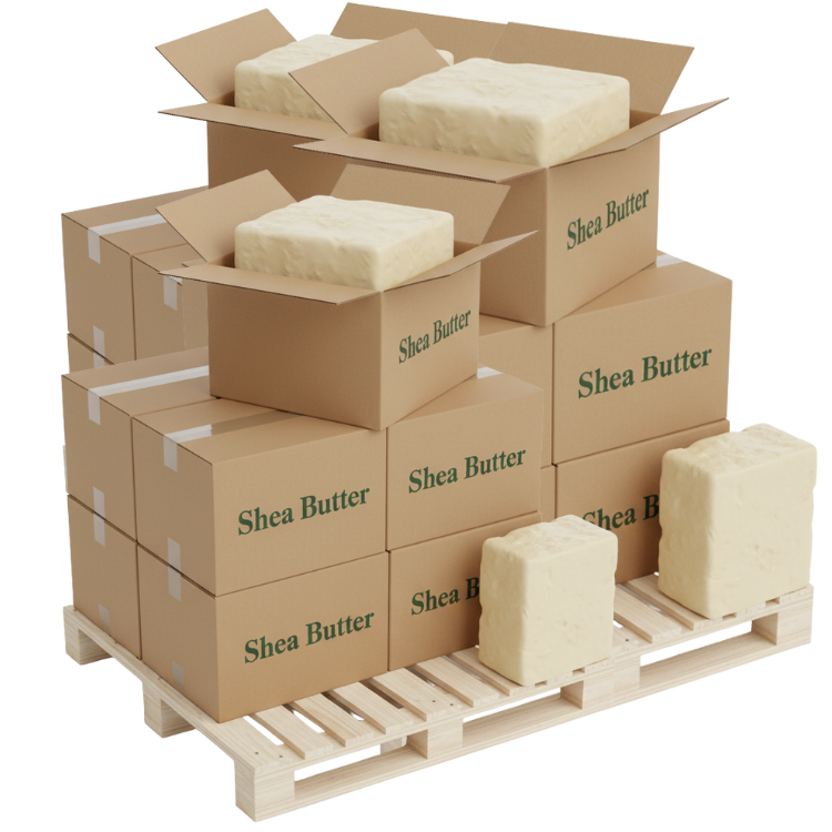 Cases of Shea Nexus shea butter stacked on an export pallet