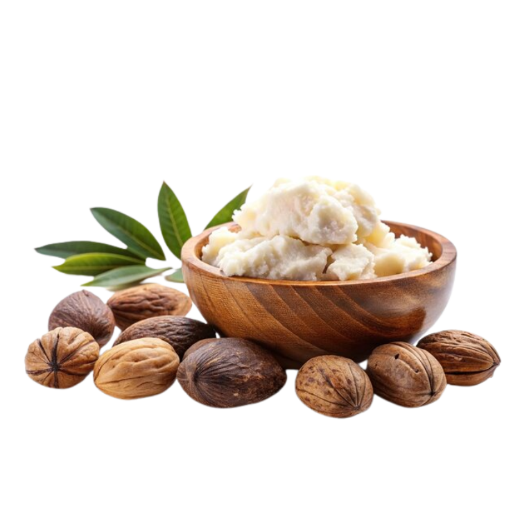 Shea nuts beside a wooden bowl of raw shea butter
